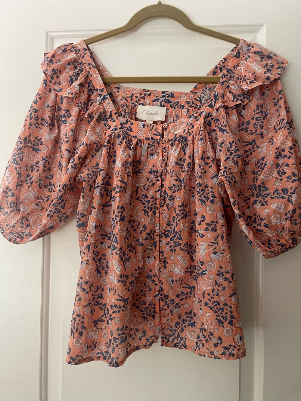 Cleobella coral cotton Mariana puff short sleeve blouse shirt size medium - Picture 2 of 5